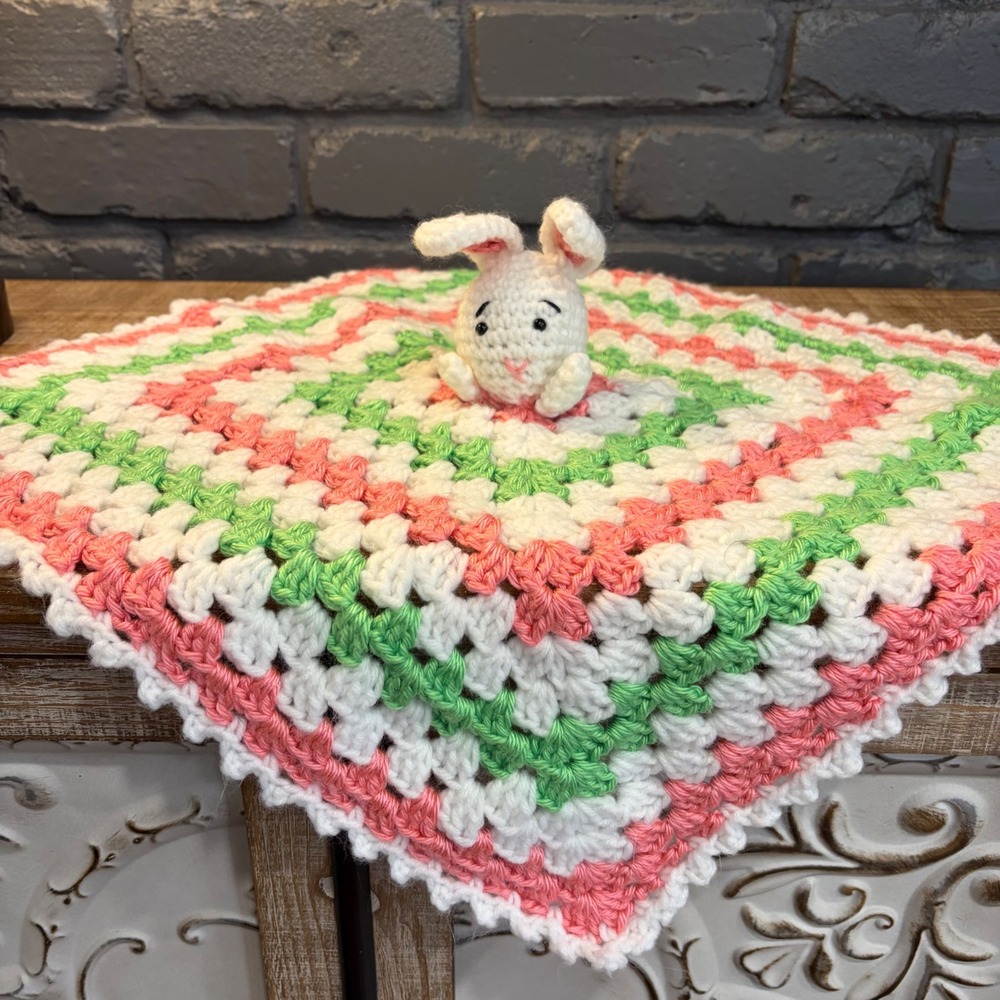Handmade Crochet Bunny Lovey 19x19 Pink Green White Baby Security Blanket